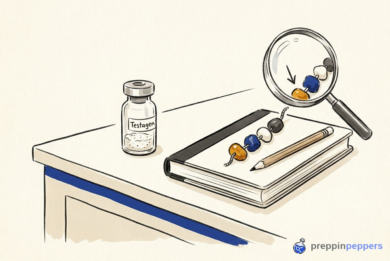 A Testagen vial on a lab bench next to a four-bead chain under a magnifying glass, with a notebook and pencil.