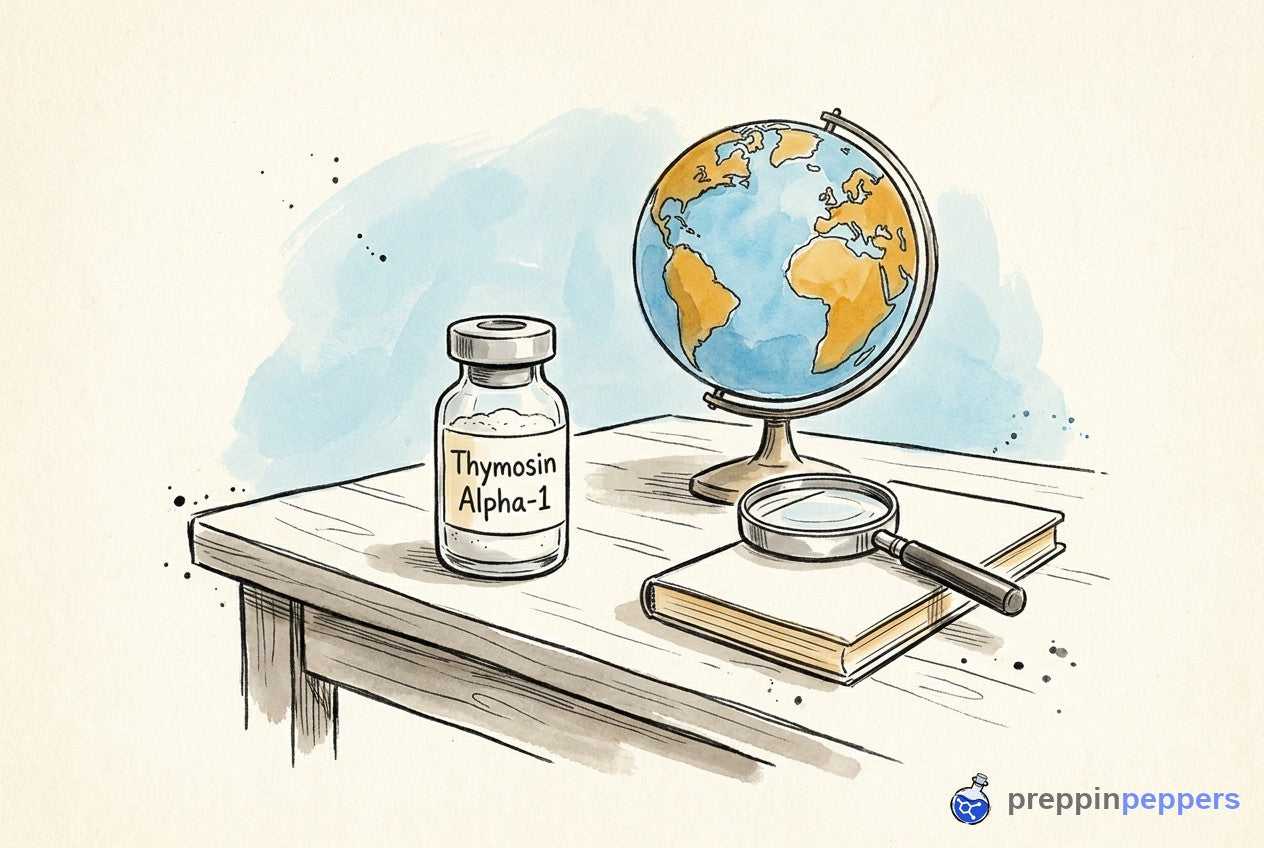 A Thymosin Alpha-1 vial sits on a lab bench next to a simple globe and a magnifying glass.