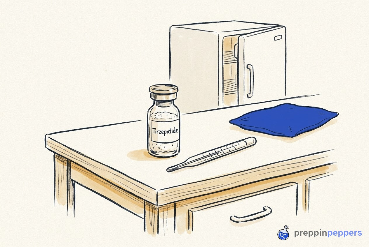 A Tirzepatide vial on a lab bench next to a thermometer, with a lab fridge in the background.