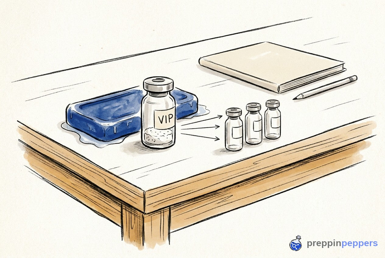 Ink-and-wash drawing of a VIP vial next to an ice pack, with arrows pointing to smaller unlabeled vials on a lab bench.